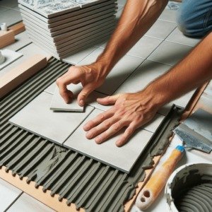 DALL·E-2023-10-21-22.17.42-Photo-of-a-tile-installation-process_-A-close-up-of-hands-placing-a-ceramic-tile-on-a-floor-with-adhesive-with-spacers-ensuring-eve